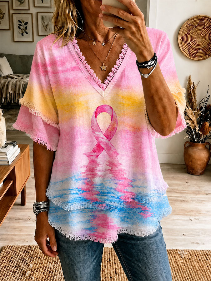 Women'S Breast Cancer Awareness Promotion Pink Cotton Linen Printed Casual Tassel Shirt