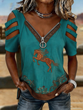 Women'S Casual Hollow-Out Western-Style Printed T-Shirt