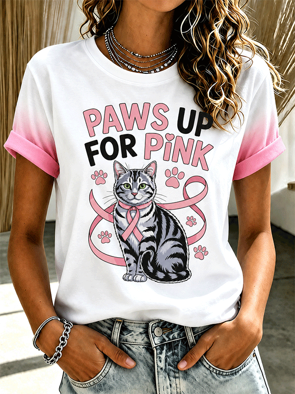 Women's Paws Up For Pink Tabby Cat Pink Ribbon Gradient T-Shirt