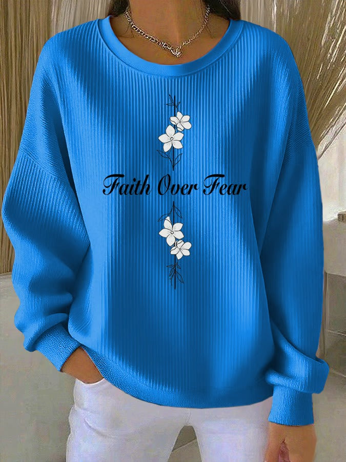 Ladies' Casual Faith Floral Print Round Neck Long Sleeved Knitted Sweatshirt