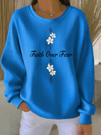 Ladies' Casual Faith Floral Print Round Neck Long Sleeved Knitted Sweatshirt