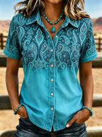 Women's Turquoise Ombre Paisley Print Short Sleeve Western Shirt