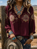 Women's Boho Mandala Rhinestone Lace Up Ruffle Sleeve Western Top