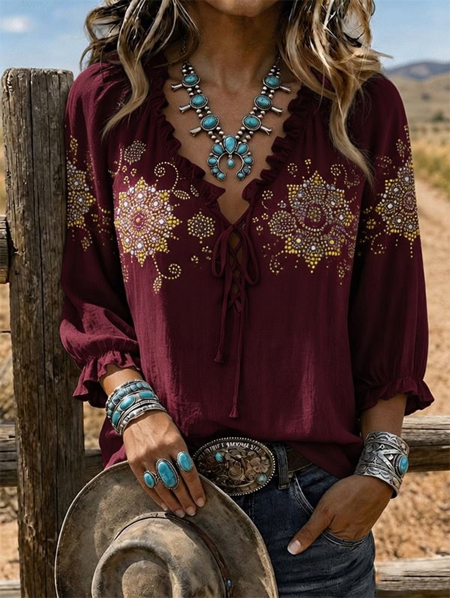 Women's Boho Mandala Rhinestone Lace Up Ruffle Sleeve Western Top