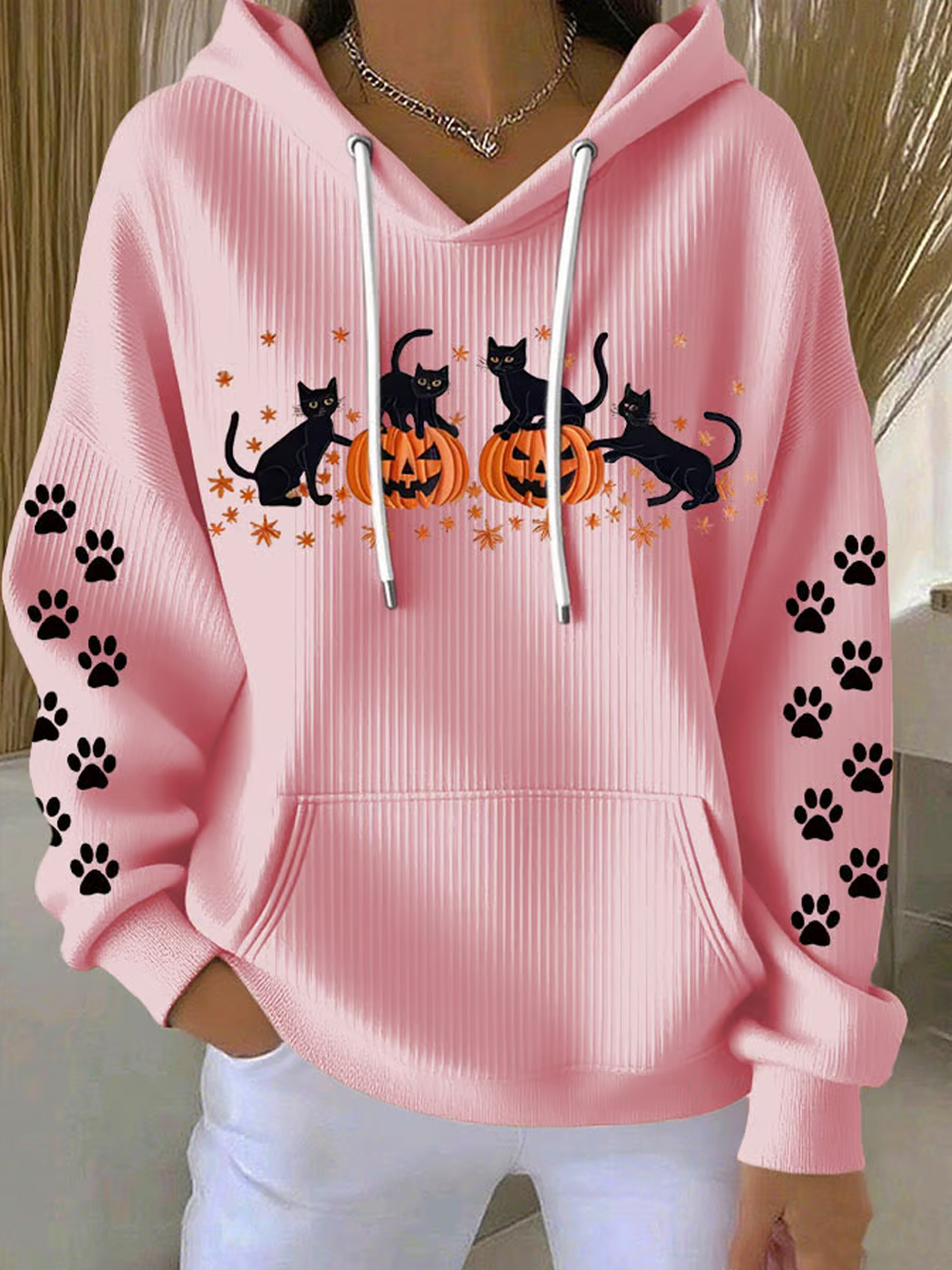 Casual Halloween Cat Pumpkin Art Print Hoodie