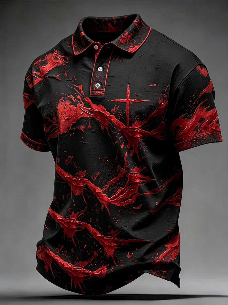 Men's Casual Blood Stain Cross Print Polo Shrit