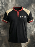 Men'S Casual ALogo design print  Cotton Button Henry Short Sleeved T-Shirt