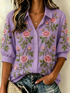 Women's Breast Cancer Awareness Pink Rose Floral Embroidered Button-up Shirt
