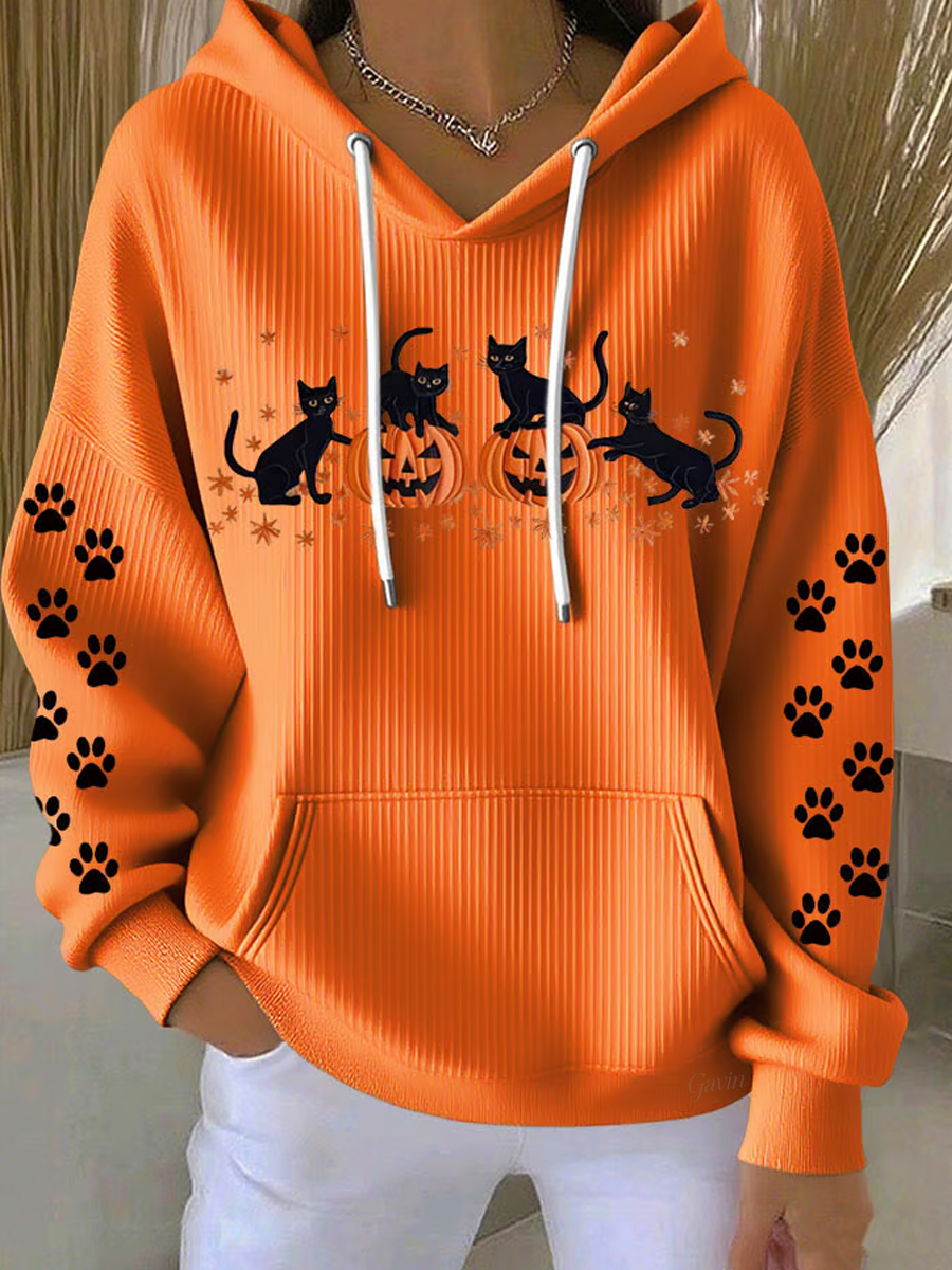 Casual Halloween Cat Pumpkin Art Print Hoodie