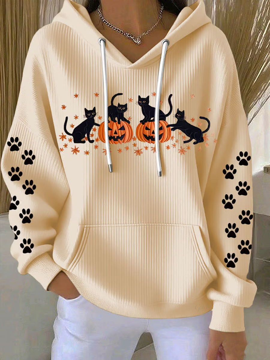 Casual Halloween Cat Pumpkin Art Print Hoodie