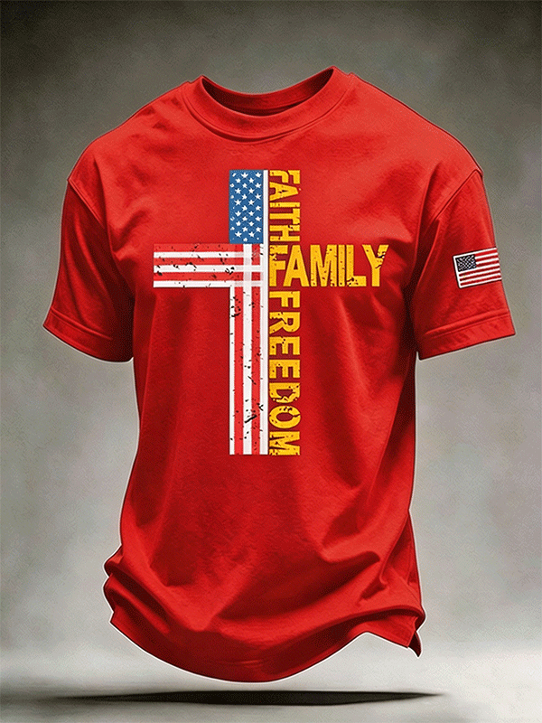 Men's Faith Family Freedom Distressed American Flag Cross Crew Neck Casual Short Sleeve Patriotic T-Shirt