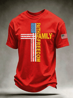 Men's Faith Family Freedom Distressed American Flag Cross Crew Neck Casual Short Sleeve Patriotic T-Shirt