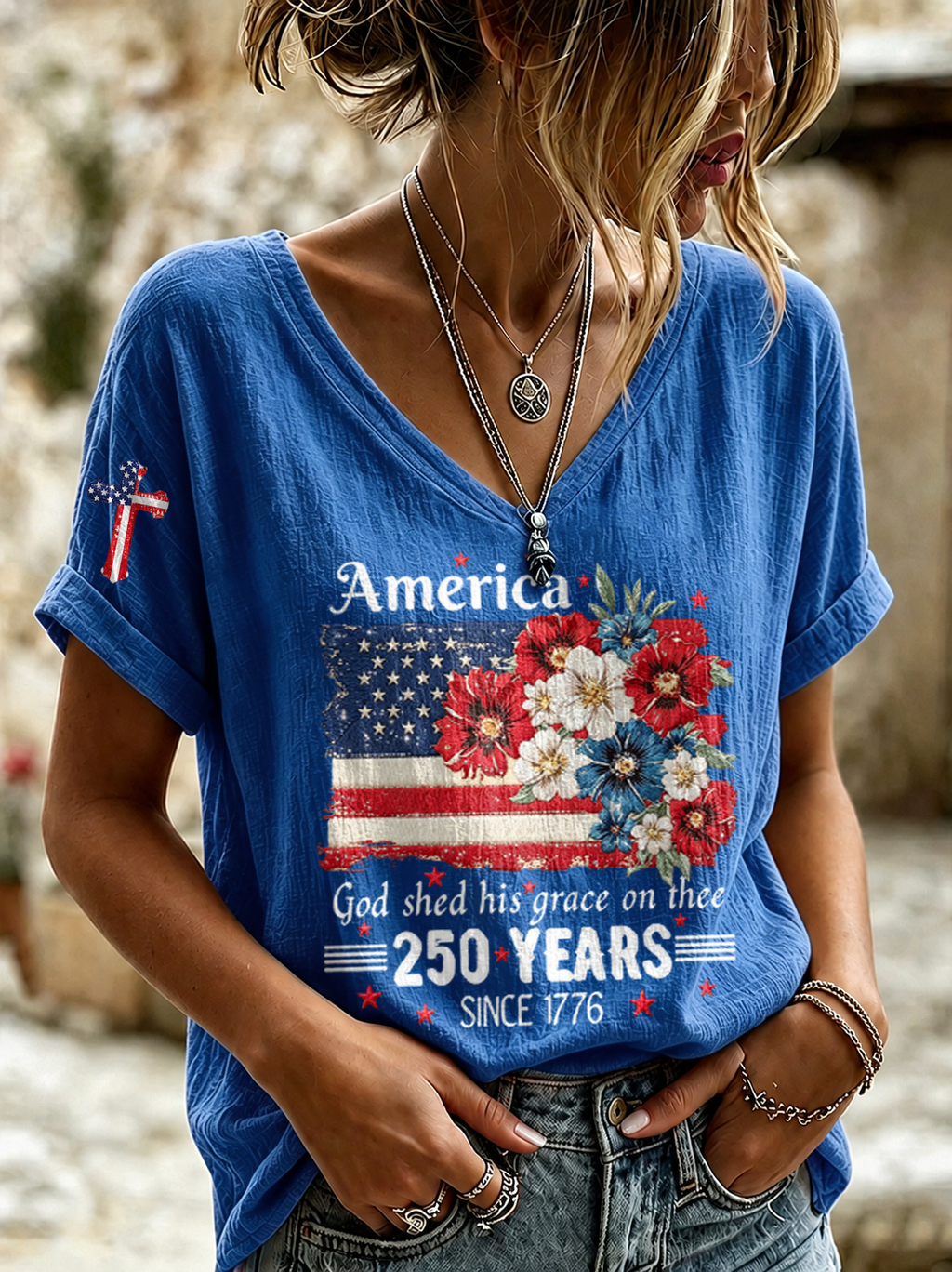 Women'S Religious Belief Retro Floral Design Vacation V-Neck Top