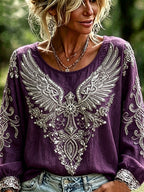 Women's Cotton-Linen Floral Top with Vintage Wing and Cross Print