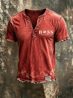 Men'S Casual Logo Cotton And Linen Henry Short Sleeved Shirt
