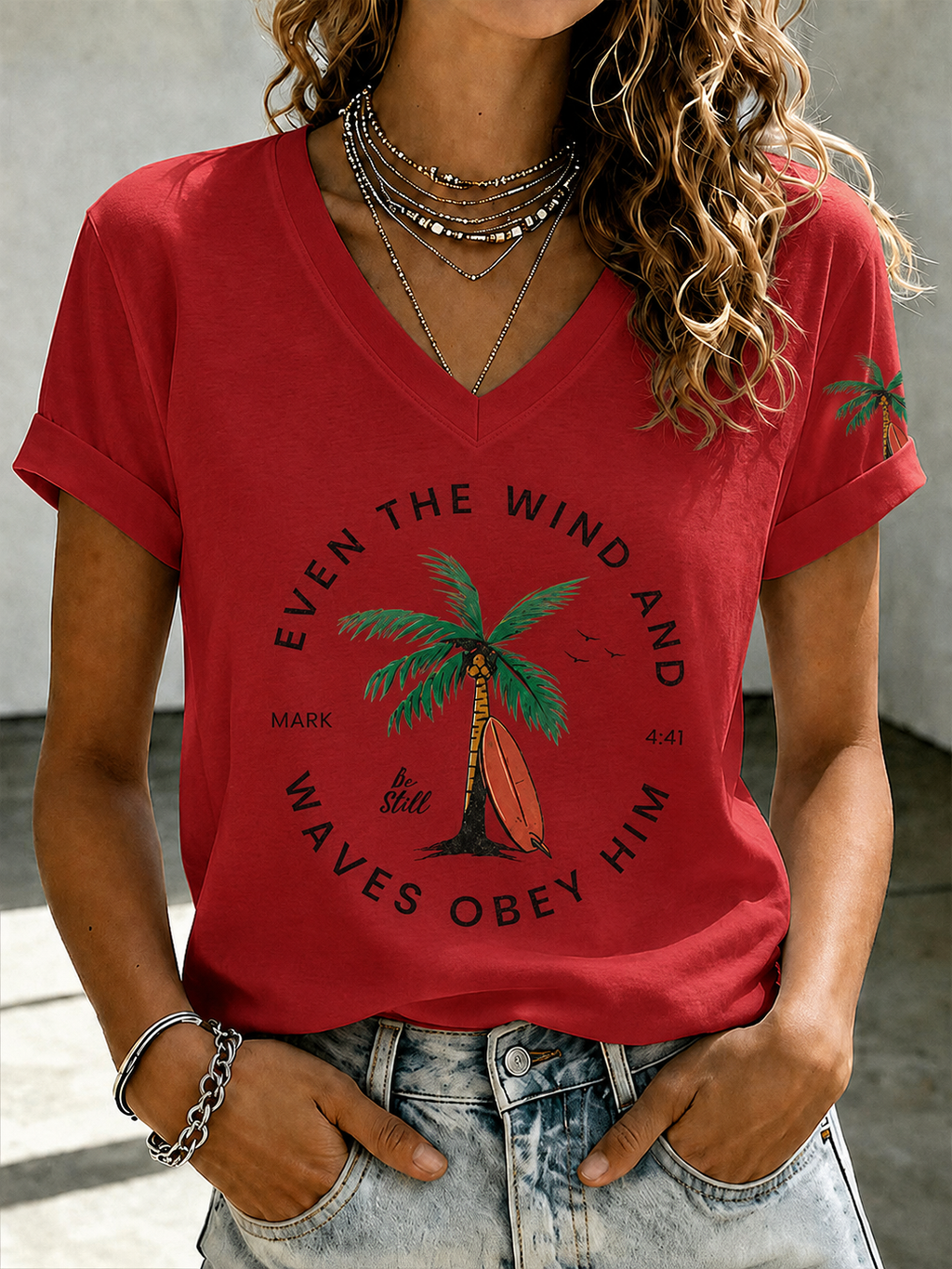 Women'S ���Even The Wind And Waves Obey Him��� Print V-Neck T-Shirt