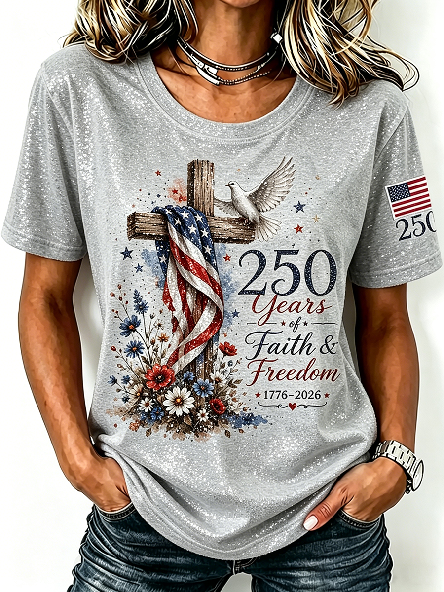 American Flag Cross Jesus Sequin Print Round Neck Top
