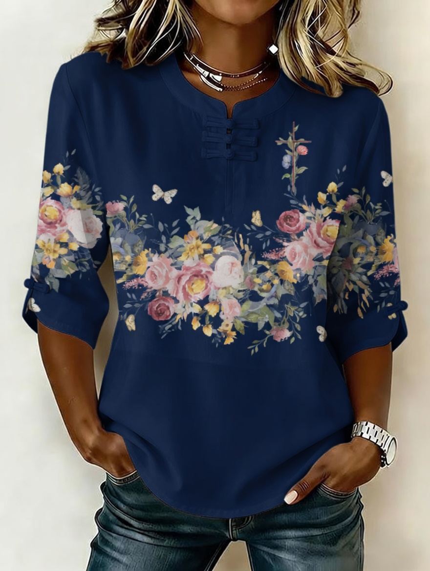 Women'S Retro Faith Flower Art Cotton And Hemp Printing Design Casual T-Shirt