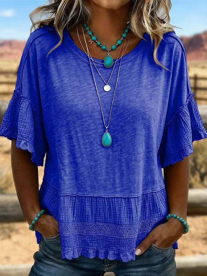 Women'S Retro Art Solid Color Splicing T-Shirt