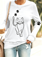 Women'S Fun Simple Drawn Cat Round Neck Long Sleeved Casual Sportswear