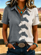 Women'S Retro Western Style Cross Short Sleeved Shirt