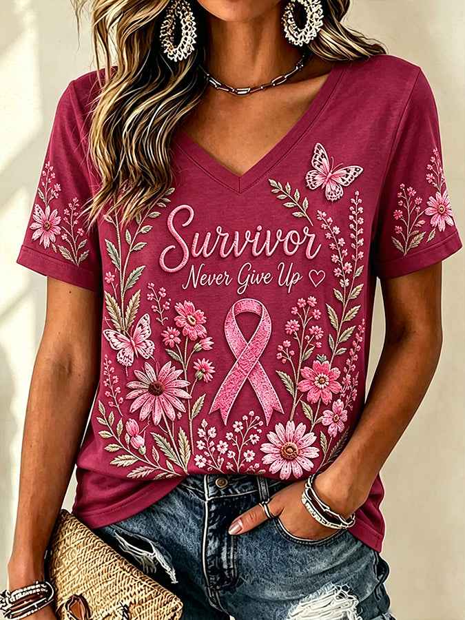Women'S Floral Printed V-Neck T-Shirt