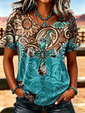 Women's Western Cross Print Casual T-Shirt