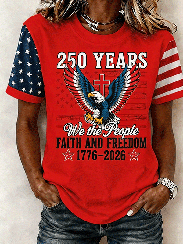 Women's 250 Years We The People Faith Freedom Eagle Cross Star Stripe Color Block Short Sleeve Casual T-Shirt