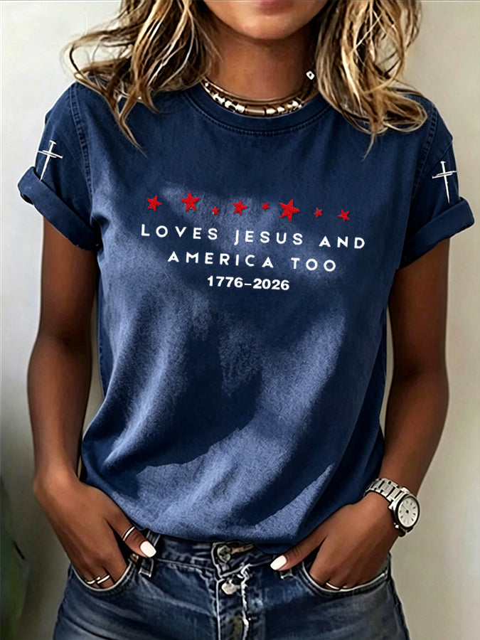 Women'S Loves Jesus And America Too1776-2026 American Flag T-Shirt