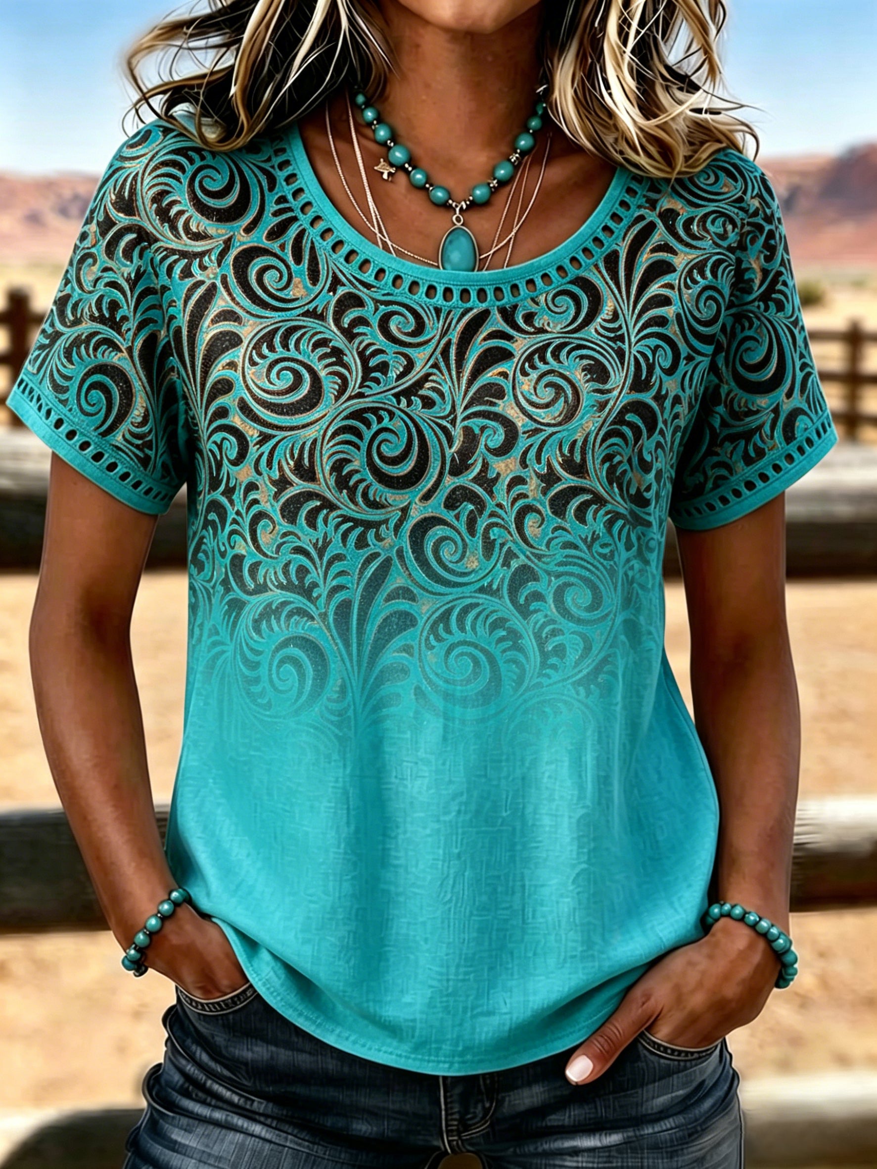 Women's Casual Cotton Linen Gradient Retro Floral Hollow T-Shirt