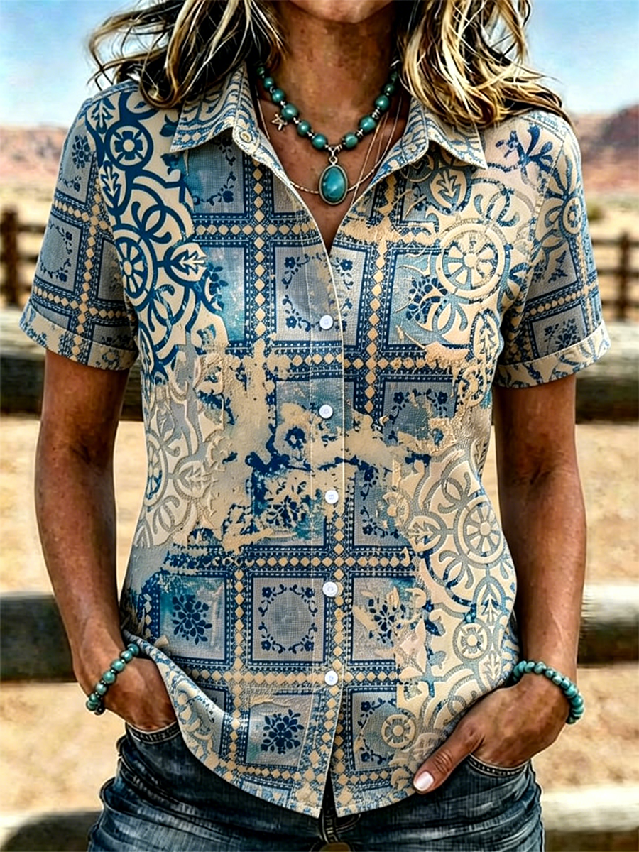Women's Western Blue Geometric Tile Print Collared Short Sleeve Button Down Shirt