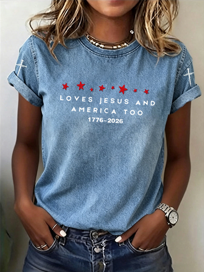 Women'S Loves Jesus And America Too1776-2026 American Flag T-Shirt