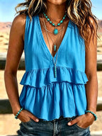 Women's Vintage V-Neck Ruched Patchwork Casual Shirt
