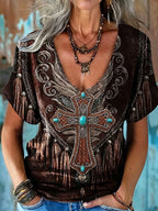 Ladies' Western Style Cotton And Linen Short Sleeved V-Neck Top