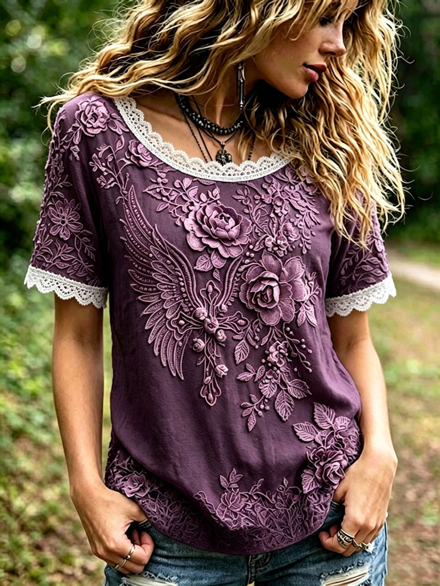 Women's Elegant Wings, Cross, Floral Cotton Linen Top