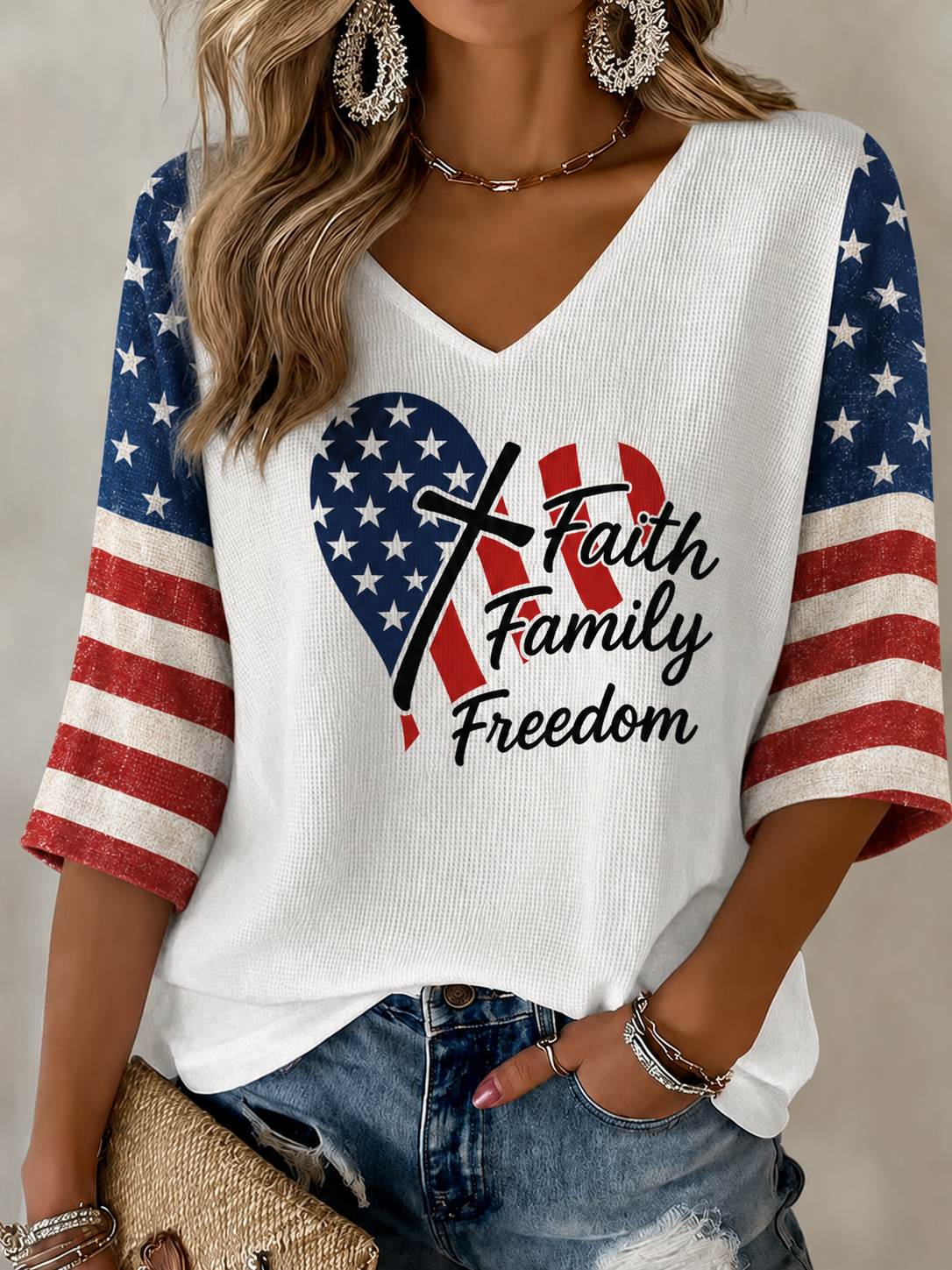 Women's Casual American Faith Cross Neck V-Neck Top