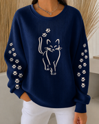 Women'S Cat Paw Print Casual Round Neck Long Sleeved Sweatshirt