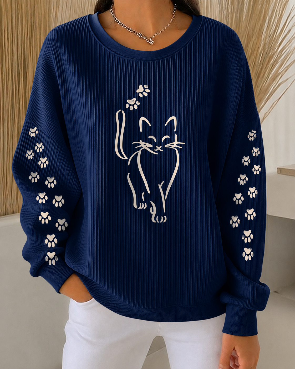 Women'S Cat Paw Print Casual Round Neck Long Sleeved Sweatshirt