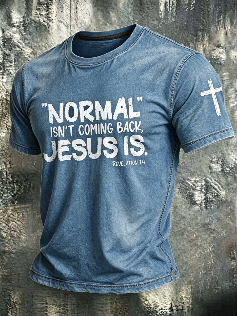 Religious Belief Cross Washed Retro Printed Round Neck T-Shirt