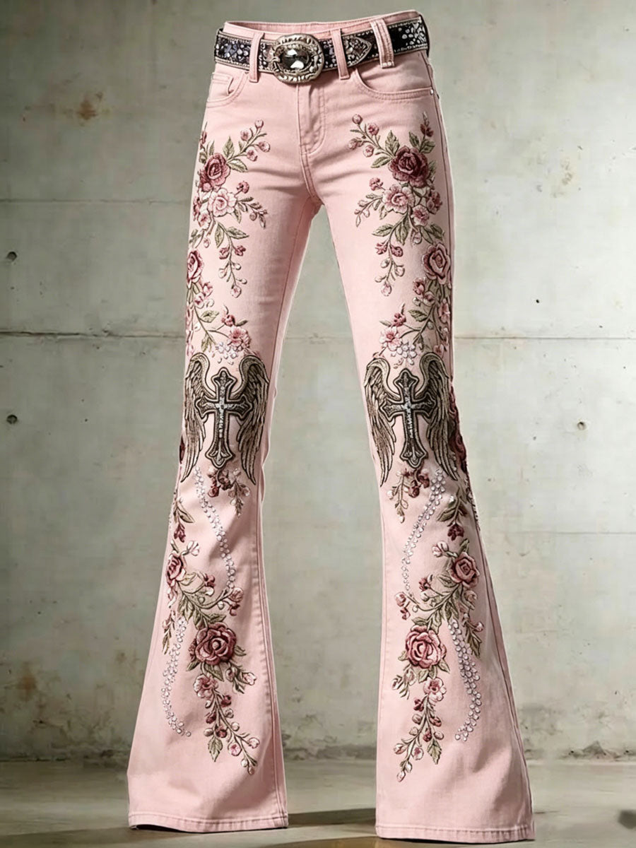 Ladies' Casual Trumpet Pants With Floral Wings And Cross Pattern