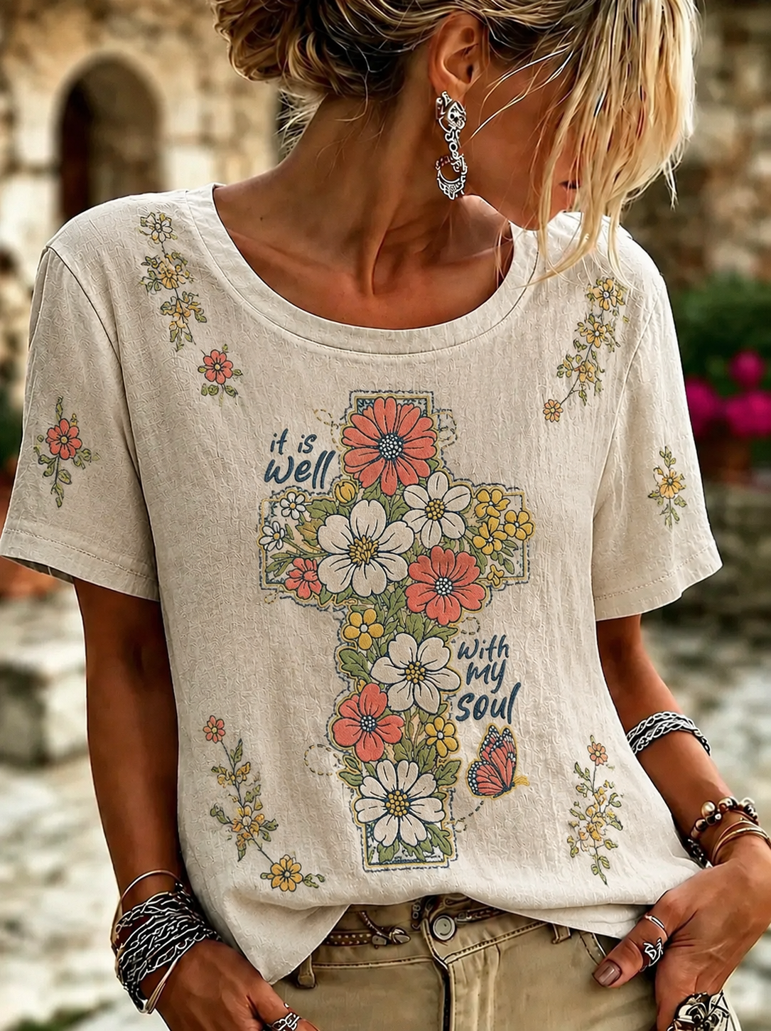 Women's It is Well With My Soul Floral Cross Butterfly Print T-shirt