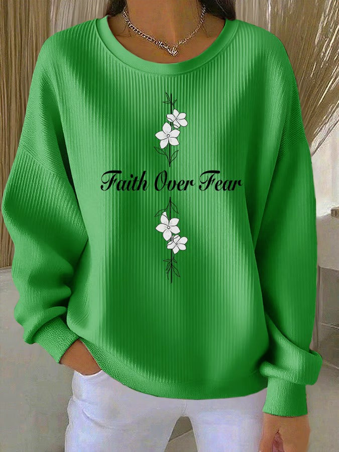 Ladies' Casual Faith Floral Print Round Neck Long Sleeved Knitted Sweatshirt