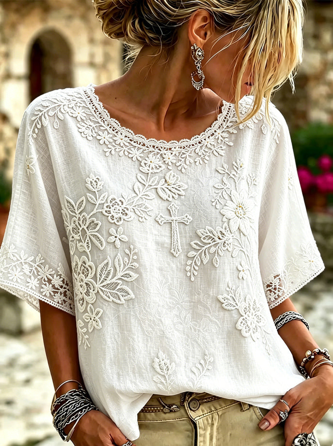 Women'S Faith Flower Cross Art Round Neck Top