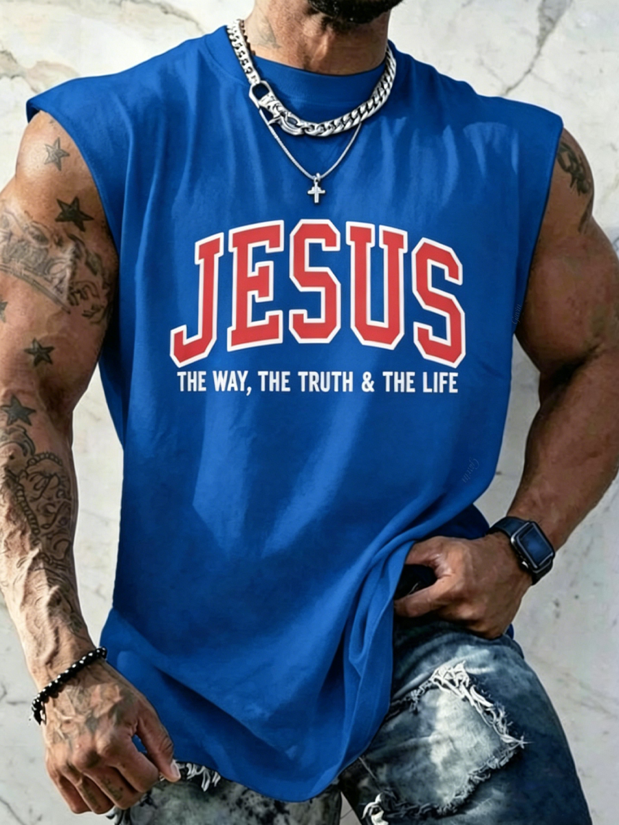Retro Jesus Print Men'S Casual Print Crew Neck Vest