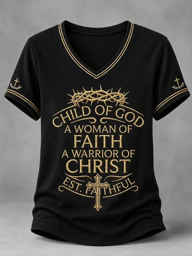 Women's Religious Beliefs Print Casual V-Neck Tee