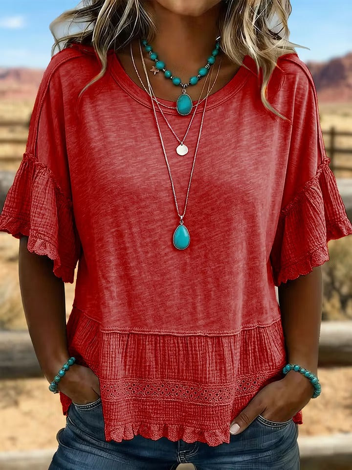 Women'S Retro Art Solid Color Splicing T-Shirt