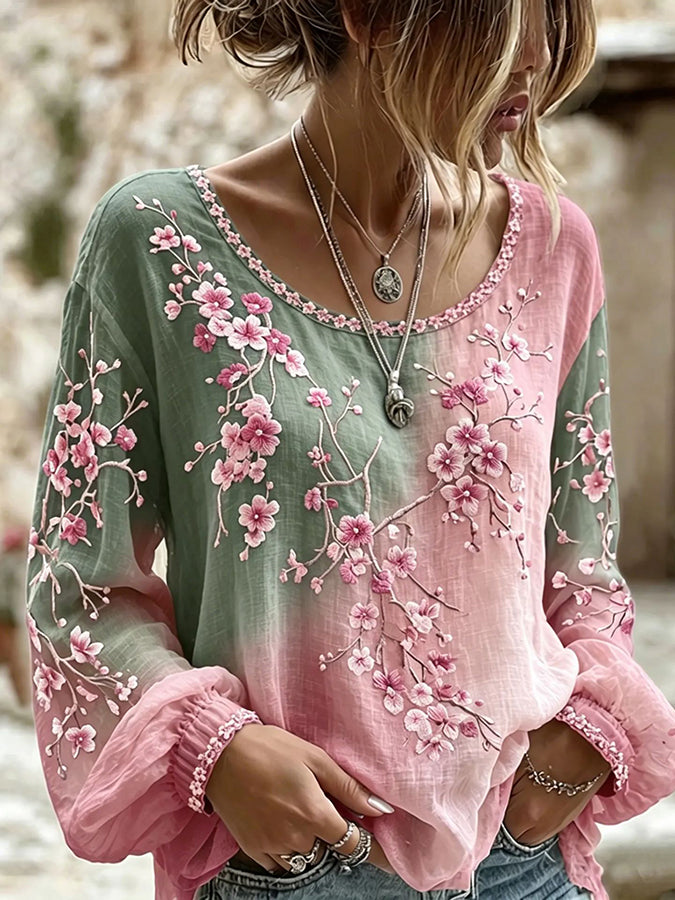 Women's printed round neck cotton and linen shirt