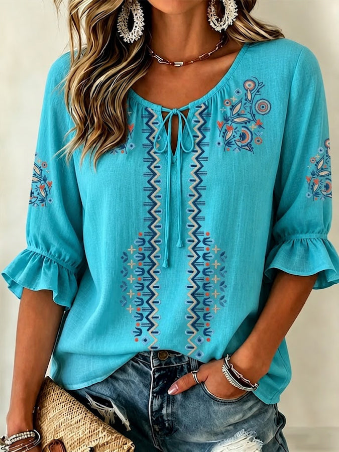 Women's Vintage Flowers Print Patchwork Casual Shirt