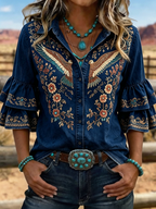 Women's Western Eagle Floral Embroidered Ruffle Sleeve Blouse
