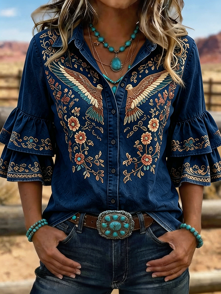 Women's Western Eagle Floral Embroidered Ruffle Sleeve Blouse